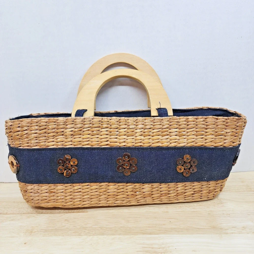 Straw Basket Purse Denim Accent Wooden Handles Beach Cottagecore Bag 10x5.5